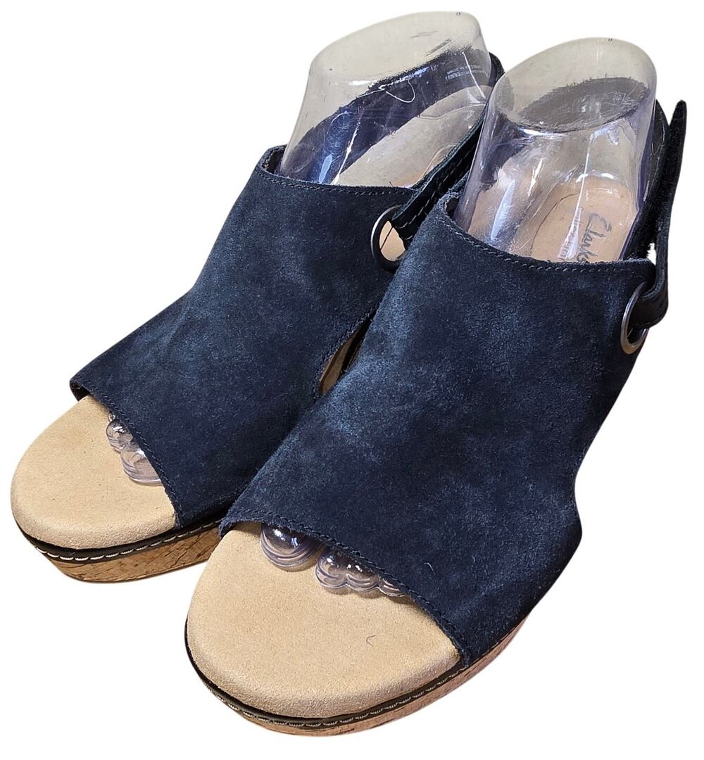 Clarks Women's Giselle Sea Nubuck Suede Wedge Sandals Cork Black 7.5 W Excellent
